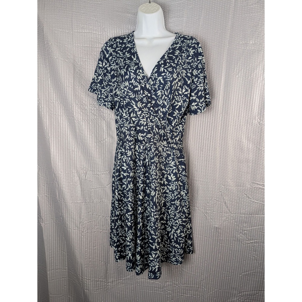 FENSACE Women Dress L NWT Navy Blue White Floral Faux Wrap V Neck Flutter Sleeve